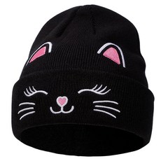 Little Gils 고양이 비니 귀여운 자수 모자 겨울 니트 아동용 해골 커프 스키 만 3-8세 캣 블랙 158644, 자수 캣 블랙