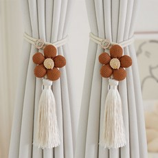 桃園出貨 窗簾綁帶簡約清新花朵創意裝飾紗簾收納扎束帶窗簾釦環夾K-374, 咖啡一對, 1個