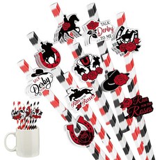 Thenshop 더비 데이 스트라이프 종이 음료 빨대 100개 10가지 다른 패턴 스티커 레드 블랙 빨대 장미를 위한 달리기 경마 식기 파티 장식 용품