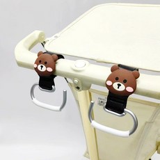 유모차 액세서리 걸이형 가방 보관 파우치 홀더 경량 휴대용 정리함, 갈색 곰돌이 알루미늄 합금 걸이 한 쌍
