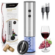 Secura 스테인리스 스틸 전기 와인 오프너 포일 커터 및 충전 케이블이 있는 충전식 자동 병따개 재사용 가능한 코르크 스크류 오프너 홈 파티 바 실외용 실버 31374