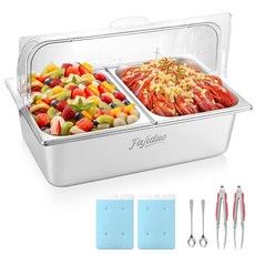 카운터탑 아이스 서빙 디스플레이 용기 향신료 샐러드 드레싱 쿨러 스테인리스 스틸 트레이 뷔페 투명 롤탑 커버 클램프 스푼, 2 Pans with Ice Pa s