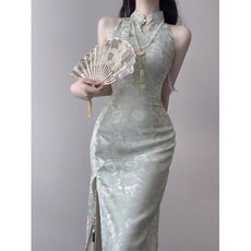 2026夏季新款新中式國風收腰掛脖無袖開叉顯瘦連衣裙包臀旗袍裙女
