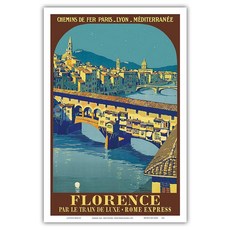 피렌체 이탈리아 - 폰테 베키오 파리-리옹-메디테라네 (PLM) 아르노 강 빈티지 여행 포스터 Roger Broders c.1921 마스터 아트 프린트 (액자 없음) 30.5c, 18"L x 12"W