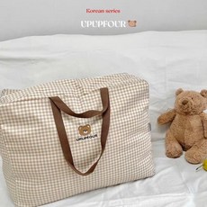 UPUPFOUR 大容量收納袋 經典格紋設計, 卡其小熊  大容量被子包,58*46*22CM, 1個