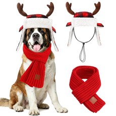 BWOGUE Christmas Antler 강아지 산타 모자 및 스카프 조절 가능한 레드 격자무늬 크리스마스 모자 반려동물 겨울 넥 워머 축제 파티 의상 대형견에서 엑스트라, Large: Head Girth 17 - 27 ''