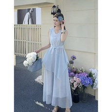 Yellwel 여성 여름용 슬림 셔링 원피스 불규칙한 디자인 휴가용 긴 치마 DJP