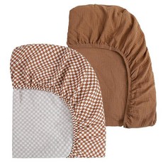 Onacosht 모슬린 미니 아기 침대 시트 99.1 x 68.6cm(39 x 27인치) 팩 앤 플레이 매트리스 시트 팩 앤 플레이에 적합 남아 여아용 부드러운 면 2팩, Pack n Play Sheets 39" x 27", 체커 및 브라운