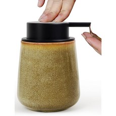 INGOFIN 세라믹 로션 디스펜서 355ML 12온스 모던 가능한 펌프가 주방용 접시 매트 비누 그린 액체 있는 디스펜서 욕실 리필, 핸드 펌프, 가마 글레이즈드 그린 브라운 액체