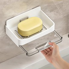 반투명 배수 비누 케이스 휴대용 접착식 무구멍 비누 걸이 매달림 고리 포함, 1개, 흰색