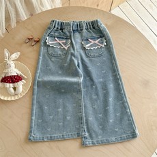 우주슈 여아 아동 리본 레이스 포켓 데일리 청바지