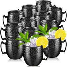Tessco 테스코 12개 세트 모스크바 뮬 컵 구리 19온스 해머드 304 도금 스테인리스 스틸 냉장 음료용 커피 와인 3.6인치블랙, Trendy Style, Black, 1개