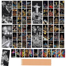 성인용 스크래치 아트 다채로운 아트 시리즈 스크래치 페이퍼 성인용 무지개 스케치 페인팅 아트 조각 게임 파티 선물 DIY 책갈피 벌크 스크래치 도구 포함, 60