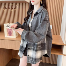 오스틱니 2026 여성 초특가 디자인 감성 패치워크 체크 아우터 시즌간절기 셔츠 재킷