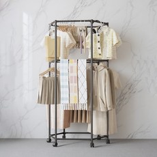 YOPENCE 회전식 시스템행거 튼튼한 육각형 이동식행거 탈부착 가능 스탠드옷걸이 2단, 블랙