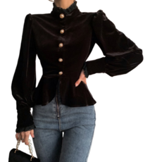 빛나는판다 블라우스 단추 벨벳 여성 상의 프릴 셔츠 긴팔 프렌치 버튼 레이스 블랙 슬림핏 쇼트 반폴라