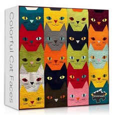 해외 성인용 빈티지 고양이 퍼즐 1000피스 PICKFORU 레트로 도서관 테마 책 새끼 책장 직소 콜라주 챌린지 미국매장정품+ 1729124, Colorful Cat Faces Puzzles.