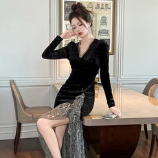 중요한 행사용 우아한 벨벳 볼 가운 불규칙한 스플라이싱 하이 웨이스트 롱 슬리브 미디 V넥 지퍼 클로저, 01 검은색, 01 라지