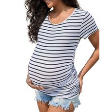 Fotociti 여성용 임산부 셔츠 반소매 임산부 상의 부드럽고 신축성 있는 크루넥 사이드 주름 장식 임산부 티셔츠 캐주얼 작업 화이트 및 블랙 스트라이프 L 4044