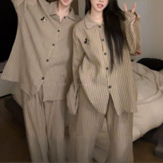 해드니 스트라이프 파자마 세트 커플 잠옷 카키브라운