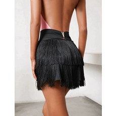 여성 레이어드 수술 숏 라인 살사 라틴 댄스 스커트 의상 댄스스포츠복 댄스복 치마, 블랙