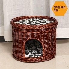 반려동물 고양이 라탄집 숨숨집 동굴 쉼터 반려묘 라탄하우스, 1개, 1단 대형 레드브라운 쿠션 포함