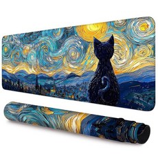 Route 66 자동차 지도 게이밍 마우스 패드 89.9 x 39.9cm35.4 x 15.7인치 대형 XXL 확장 책상 매트 미끄럼 방지 고무 베이스 및 스티치 가장자리, Starry Night Cat Canvas Painti