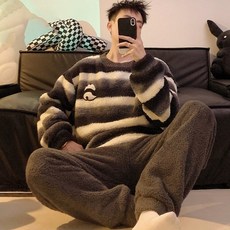 半邊絨睡衣男秋冬款珊瑚絨保暖青少年學生冬季條紋大碼家居服套裝