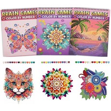 Bondream 3팩 숫자별 컬러 성인용 컬러링 북 성인 여성 휴식을 위한 나선형 바운드 컬러링 북 독특한 꽃 동물 자연 풍경 60개 성인용 뇌 게임 컬러 북, 숫자로 색칠하기 책