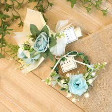 핸드메이드 고급 코랄로즈 꽃다발+리스 세트 납골당 성묘, 코랄로즈 블루 SET, 1개