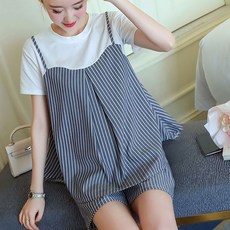 ROYALBELLE 임산부 투피스 세트 스트라이프 레이어드 반팔 티셔츠 체형커버 밴딩 반바지 데일리 홈웨어
