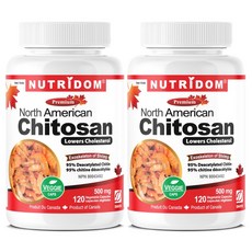 (2병) 캐나다 뉴트리돔 북미산 95% 순수 키토산 500mg 120베지캡슐 청정새우 추출물 키틴 키토산다이어트, 2개, 120정