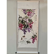 純手繪葡萄花鳥國畫 卷軸裝裱 碩果累累 尺寸約170x70cm, 參考詳情頁