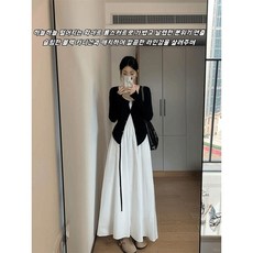 ANYOU 여성 원피스 롱 나시 원피스 허리 조임 슬림핏 긴팔 카디건 투피스