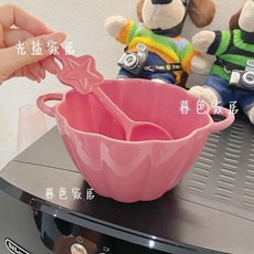 JEDU 奶fufu雙耳小南瓜陶瓷甜品碗 湯碗 早餐碗 飯碗 麵碗 家用高顔值餐具 臺灣出貨, 1個, 玫紅 【星星勺+小南瓜】兩件套