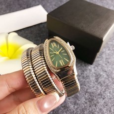 蛇形手鐲輕奢女錶 橢圓形白錶盤滿鑽設計復古石英錶, 綠金, 1個