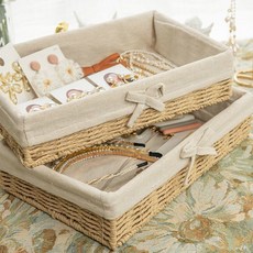 手工編織籃 竹籃 飾品展示 髮圈收納 擺攤雜物收納籃 拍照道具 桌面收納 化妝品收納盒 家用抽屜玄關仿藤編織籃筐, 米白, 1個