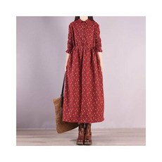 中年女裝收腰顯瘦加絨加厚印花翻領長袖連衣裙，優雅媽媽裝大碼寬鬆休閒冬季洋裝, 紅色