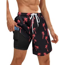 OlyPegic 남성용 수영 트렁크 수영복 남성용 수영복 반바지 빠른 건조 압축 라이너 비치 보드 지퍼 포켓 포함 블랙 코코넛 나무. M 156357