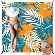 HIHOHO 해변 담요 방수 모래 방지 엑스트라 라지 비치 매트 200.7 x 210.8cm(79 x 83인치)/304.8 x 274.3cm(120 x 108인치) 1-8세 성, 79" X 83"（1~3 person）, 야자수 잎-그린 오렌지