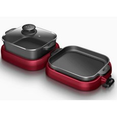 LADUTA 拉布塔 麥飯石電烤盤 烤肉盤 電烤鍋 涮烤一體鍋 可摺疊不黏鍋 烤鍋兩用, 紅--方鍋