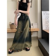 SAHINER 여성 청치마 A라인 디스트로이드 롱 스커트 봄가을 AQZ51