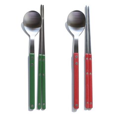 보겐 국산 New 쌍띠에 스텐 한식 수저 세트 실버, 그린+카민레드, 1개, 숟가락+젓가락