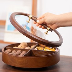 實木堅果盤客廳幹果收納盒喜糖結婚瓜子果盒木質分格帶蓋創意中式, 黑胡桃木提手圓形可旋轉27.5cm, 1個