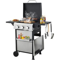 한짐 3 버너 야외 그릴 콤보 36900 BTU 2 in 1 프로판 가스 바비큐 에나멜 주철 그리드 및 스테인리스 스틸 플랜차 파티오용 휴대용 뒷마당, 3-Burner with SS Plancha