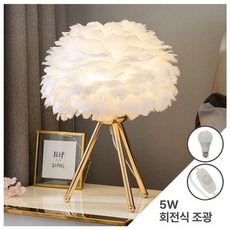 인테리어 엔틱 침실 무드등 스탠드 조명 깃털 북유럽, 삼각대골드 스탠드 다이얼+화이트 깃털 커버+7W 전, 기타, 삼각대 골드 노브 화이트페더 5w