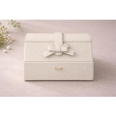 리본 디테일이 있는 주얼리 박스 화이트 텍스처 가죽 서랍이 있는 휴대용 여행 케이스, 리본 디테일이 있는 주얼리 박스, 화이트 텍스처 가죽,