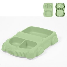寶寶餐盤B4B 汽車貓咪食品級矽膠防摔分格餐盤吸盤嬰幼兒副食品分隔盤, 汽車款 綠色（微軟可彎）, 1個