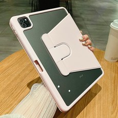 iPad 支架旋轉帶筆槽 保護殼, 支架旋轉書本款-淡粉色,iPad 10代/11代（A16）11吋, 1個