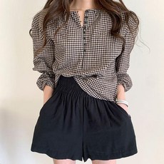 벌룬 소매 루즈핏 라운드 단추 포인트 체크 블라우스 라운드넥 여성 여성상의 가을 셔링